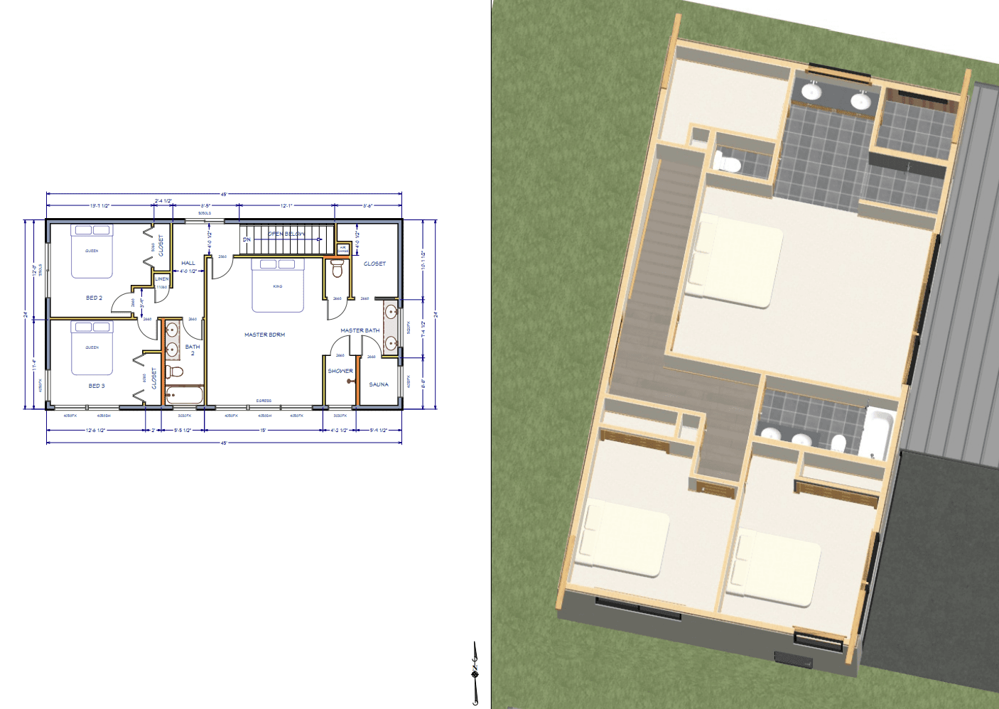 Side-by-side design layout and rendering of upstairs showing three bedrooms and bathrooms