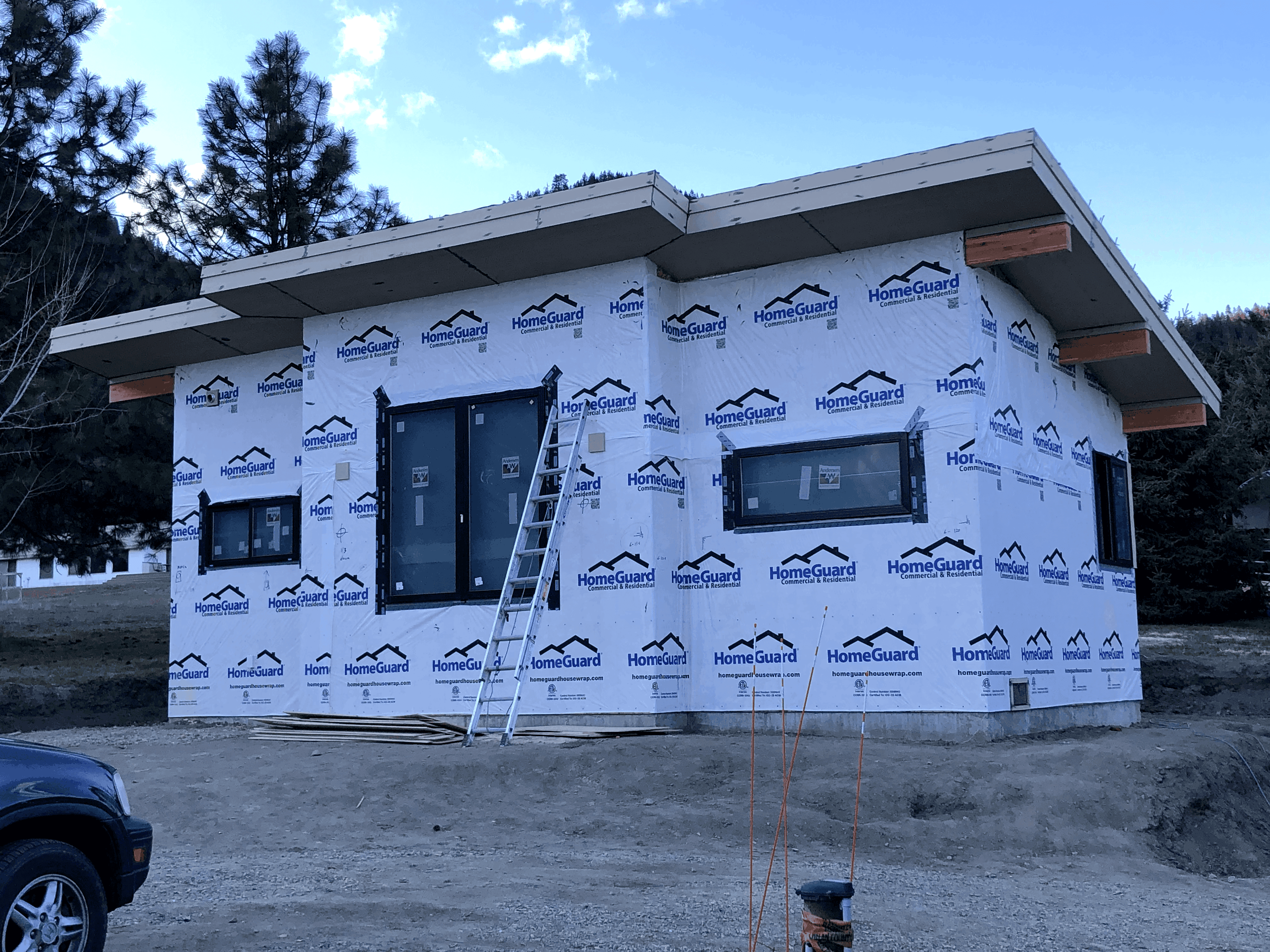 Front profile of modern one story detached accessory dwelling unit prior to siding and exterior finishes